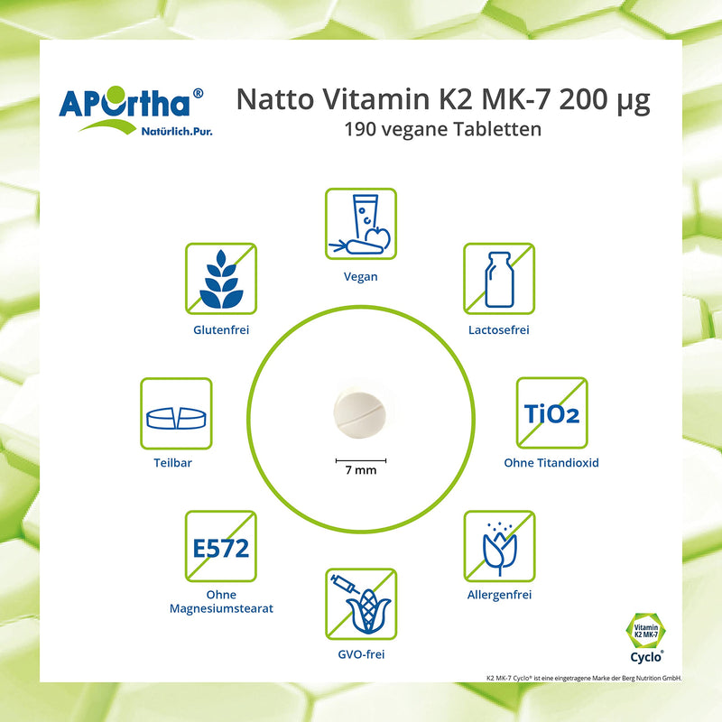 APOrtha Vitamin K2 MK7 200 µg 99+% ALL-Trans, 190 tablets high-dose vegan, high-quality Natto K2 vitamin easy to swallow dietary supplement Vit K2, vitamin K 2 alternative to K2 drops capsules - NewNest Australia