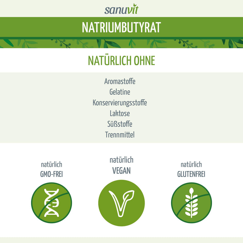 Sanuvit® sodium butyrate 500 mg per capsule | 120 capsules | Source of butyric acid | Intestinal flora | High bioavailability and tolerability | vegan | Quality from Austria - NewNest Australia