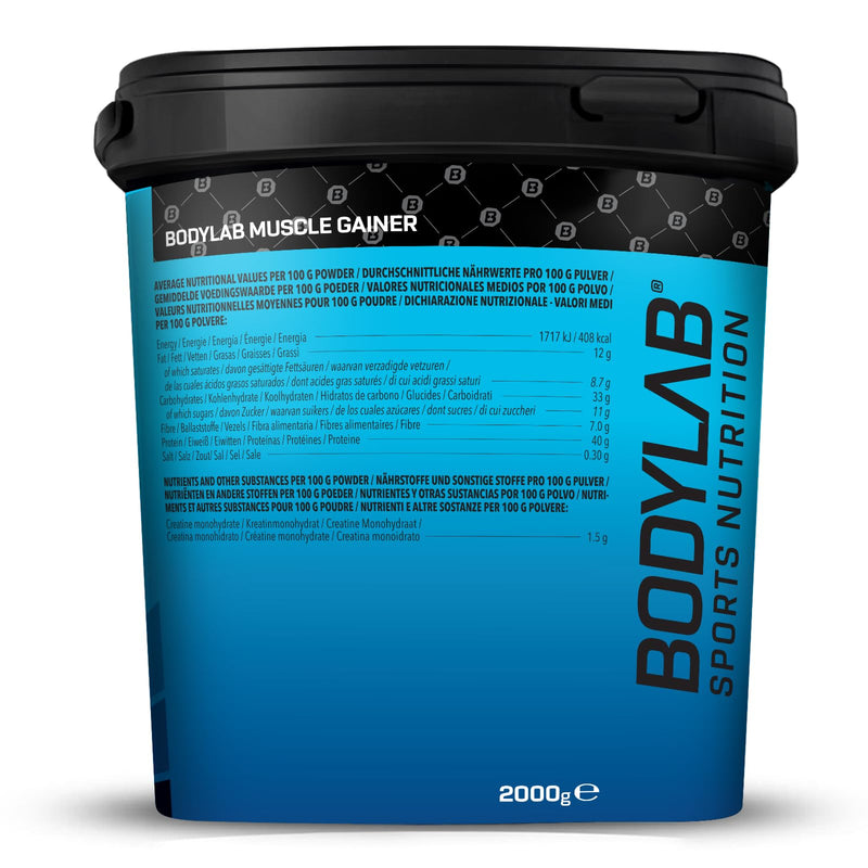 Bodylab24 Pure Muscle Gainer Vanilla 2000g, 100g each 33g natural carbohydrates, 40g protein and 12g fat, enriched with creatine monohydrate, perfect weight gainer shake for building mass - NewNest Australia