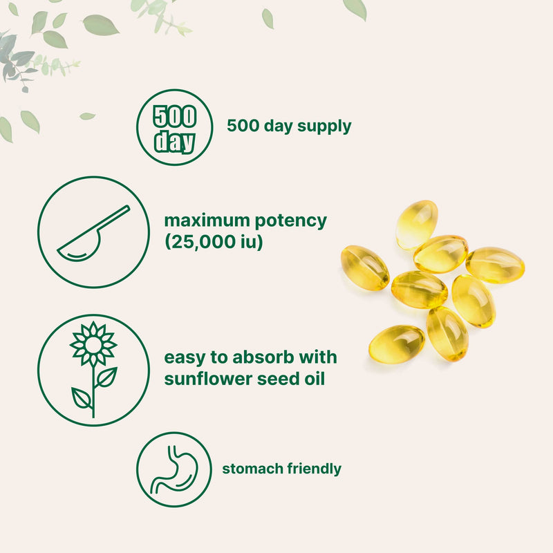 Maximum Strength Vitamin A 25000 IU, 500 Softgels (18 Months Supply) with Virgin Sunflower Seed Oil for Better Absorption, Supports Healthy Vision, Growth & Reproduction, Non-GMO & Easy to Swallow - NewNest Australia