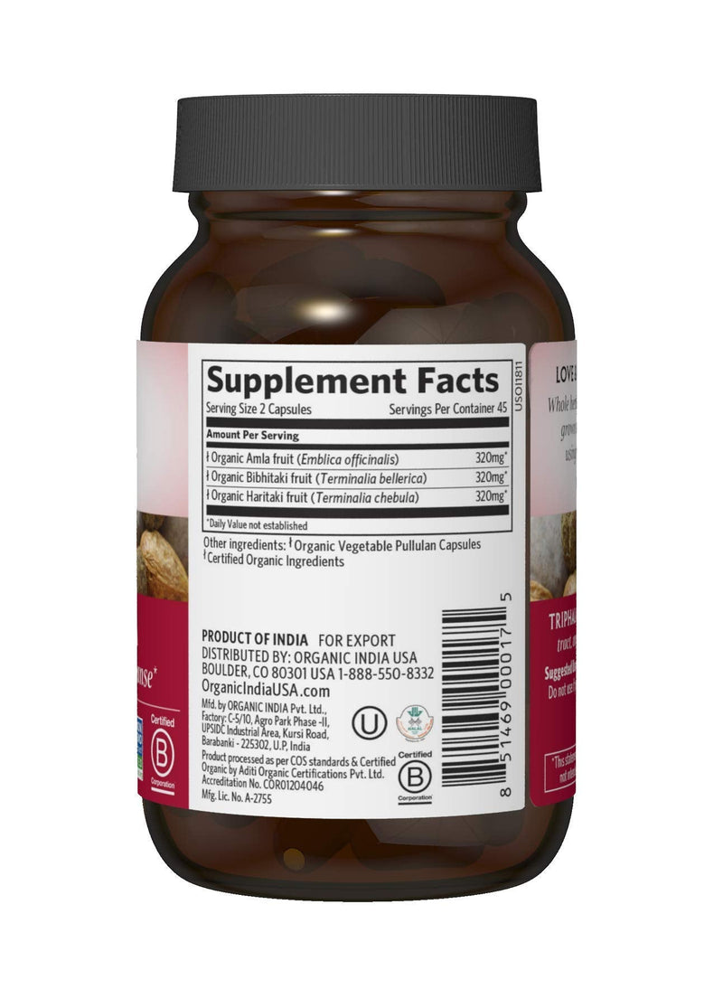 Organic India Triphala Herbal Supplement - Digestion & Colon Support, Immune System Support, Adaptogen, Nutrient Dense, Vegan, Gluten-Free, USDA Certified Organic, Non-GMO - 90 Capsules 90 Count (Pack of 1) - NewNest Australia