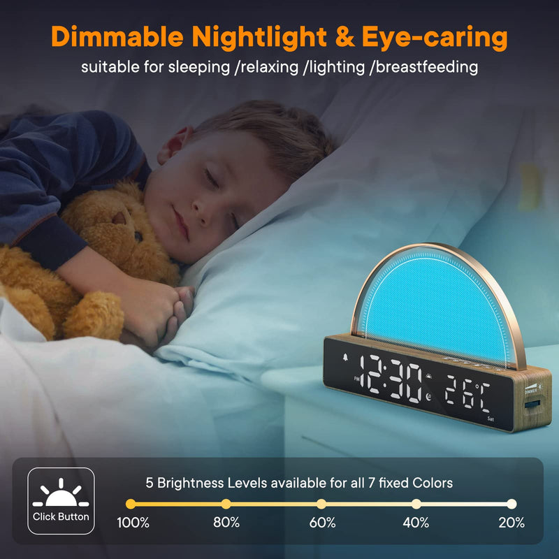 Sunrise Alarm Clock, Wake Up Light with Sunrise Simulation, White Noise Machine, Touch Control Bedside Lamps Dimmable Multicolor Night Light, 10 Nature Sounds, Snooze/Timer/Temperature Display Wooden - NewNest Australia