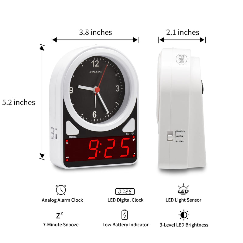 KWANWA Alarm Clock, 2 in 1 Analog Clock & Digital Clock, Light Sensor LED Clock, Battery Operated Only, Snooze, 12Hr, Alarm Clock for Bedroom, Living Room, Bookshelf, Kids, Elderly, Easy to Set - NewNest Australia