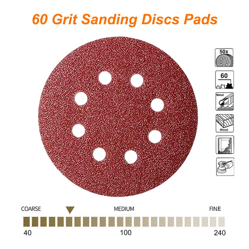 50Pcs 125mm 8 Holes Sanding Discs Pads Sanding Sheets, 5 Inch 60 Grits Hook and Loop Sandpaper Sheet for Random Orbital Sander. - NewNest Australia