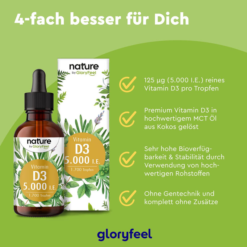 Vitamin D3-5000 IU per drop High dosage - 50ml (1700 drops) - Highest stability: Premium lanolin in MCT oil from coconut - Laboratory tested, made in Germany without additives - NewNest Australia
