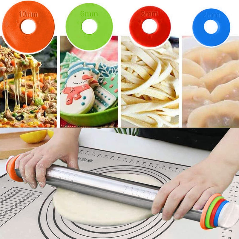 Adjustable Rolling Pin with Thickness Rings for Baking, Stainless Steel Designs Dough Roller Pins with Silicone Pastry Nonstick Mat for Cooicke Decorating Supplies, Fondant, Cake, Bread or Baker Gifts - NewNest Australia