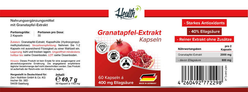 Health+ Pomegranate Extract - 60 Capsules With 1000 Mg Pomegranate Powder Extract With 40% Ellagic Acid, Vegan Pomegranate Capsules, Strong Antioxidant On A Natural Basis, Made In Germany - NewNest Australia