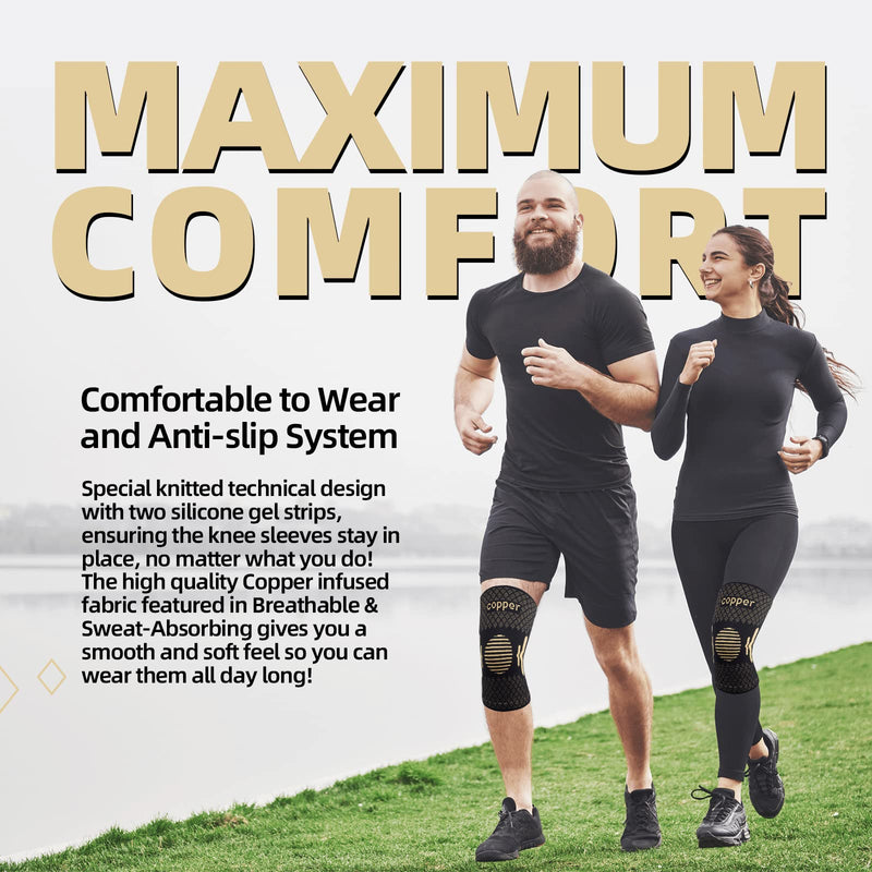 Copper Knee Support for Women/Men 2 Pack - Best Knee Brace Compression Sleeve Support for Arthritis, Knee Pain, Meniscus Tear, ACL, MCL, Joint Pain Relief, Running, Sports, Squats L Copper-Black - NewNest Australia