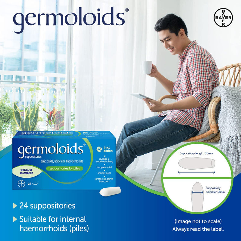 Germoloids Haemorrhoid Treatment & Piles Treatment Suppositories, Triple Action with Anaesthetic to Numb the Pain & Itch, 55 g, 24 Count (Pack of 1) - NewNest Australia