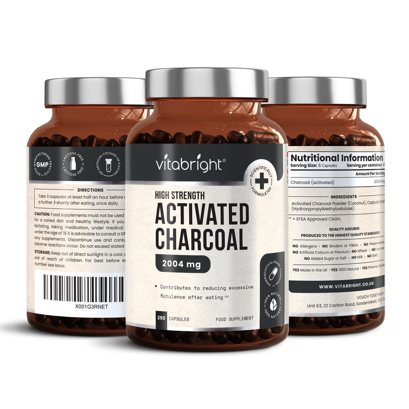 Activated Charcoal Capsules - 250 Capsules - 2004mg per Serving of 6 Capsules - from Natural Coconut Shell - for Indigestion, Bloating, Excessive Flatulence, Gas - Vegan - Made in UK by VitaBright - NewNest Australia