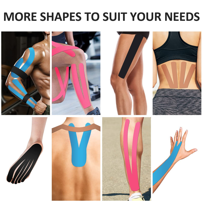 Gotaqery Kinesiology Tape (4 Rolls Pack), Waterproof Elastic Muscle Support Tape for Exercise, Sports & Injury Recovery, Breathable & Latex Free, 5cm x 5m Per Roll 4 Rolls：black+blue+pink+beige - NewNest Australia