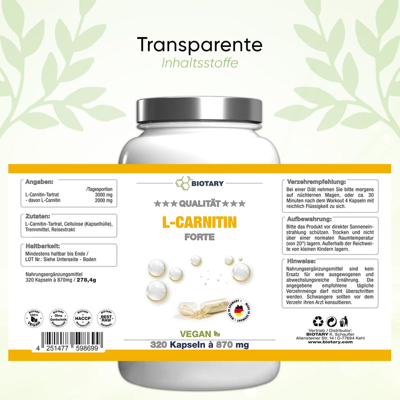 L-Carnitine, 320 Capsules, 3000 Mg Daily Serving, 3 Month Supply, Including Pill Box, L-Carnitine High Dose Capsules, 100% Vegan, Popular With Diet, Weight Loss, Fat Burning, Fat Burner - NewNest Australia