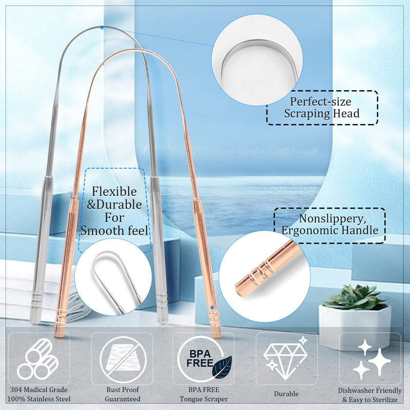 JUIDINTO 2pcs Tongue Scraper Kit, Medical Grade Stainless Steel Tongue Cleaner Set, Cleans the Tongue and Fights Bad Breath, Great for Oral Care, 100% BPA Free Tongue Scrapers for Adults & Kids - NewNest Australia