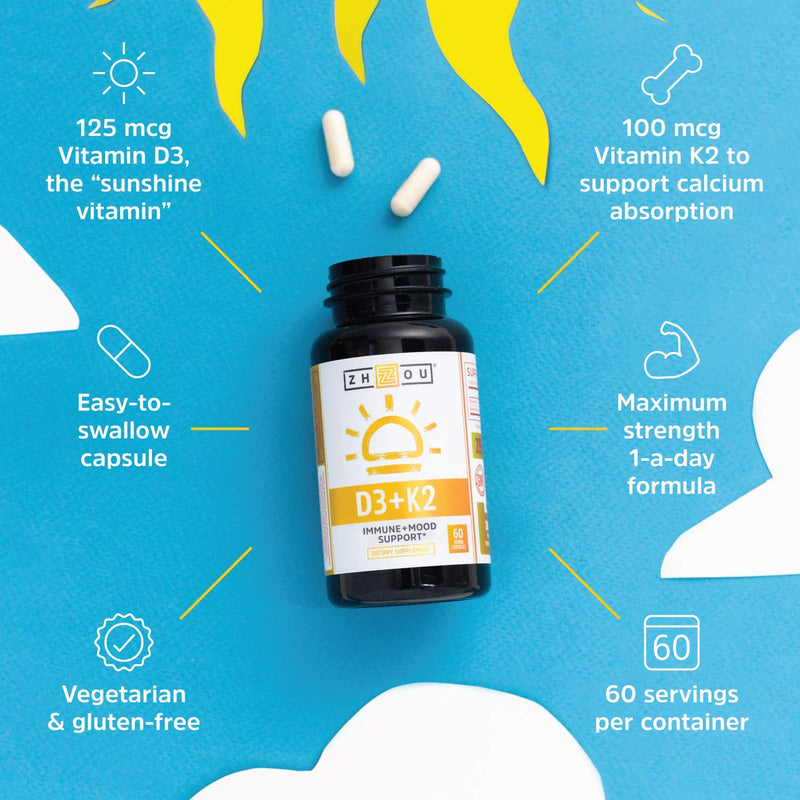 Zhou Nutrition Vitamin D3 K2, Bone and Heart Health Formula 5000 IU Vitamin D3 & 100 mcg Vitamin K2, Max Strength 2 in 1 Immune Support and Calcium Absorption, Gluten Free, 60 Count - NewNest Australia