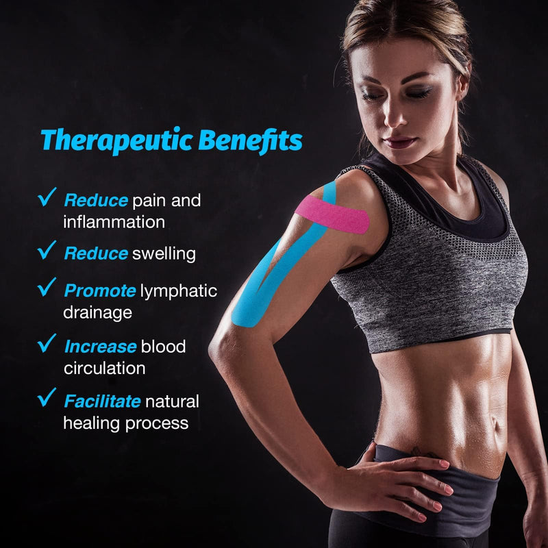 Kinesiology Tape Precut 2 Rolls, Elastic Kinesiology Therapeutic Tape for Physical Therapy, Sports and Injury Recovery, Athletic Sports Tape for Knee, Ankle & Shoulder (2 x 20 Strips) Blue & Pink - NewNest Australia