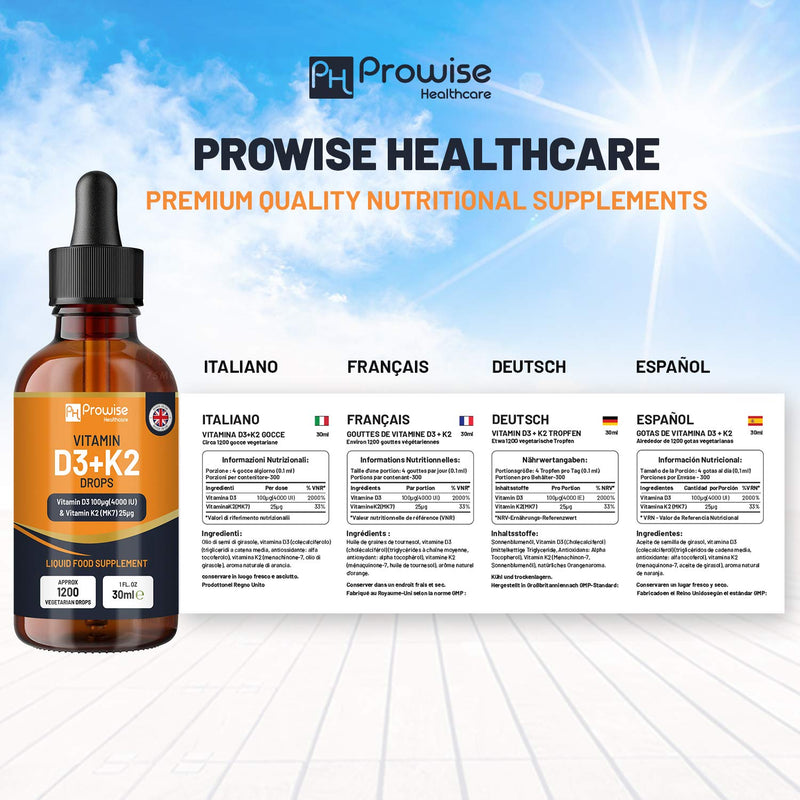 Vitamin D3 4000iu + K2 MK7 25µg I Orange Liquid Drops I High Strength 4000iu D3 + 25µg K2- 30ml Bottle I Fast Absorption I 1200 Vegetarian Drops - Made in UK by Prowise Healthcare - NewNest Australia