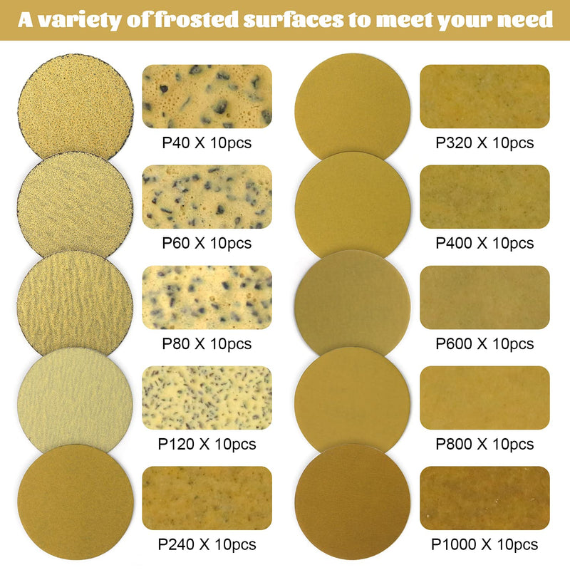 POLIWELL 100 Pack 3 Inch Sanding Discs Hook & Loop Premium Variety 40-1000 Grit Wet & Dry Gold Sandpaper, 3” Buffing Pads and Backing Plate for DA Sanders, Drills, Woodworking and Automotive - NewNest Australia