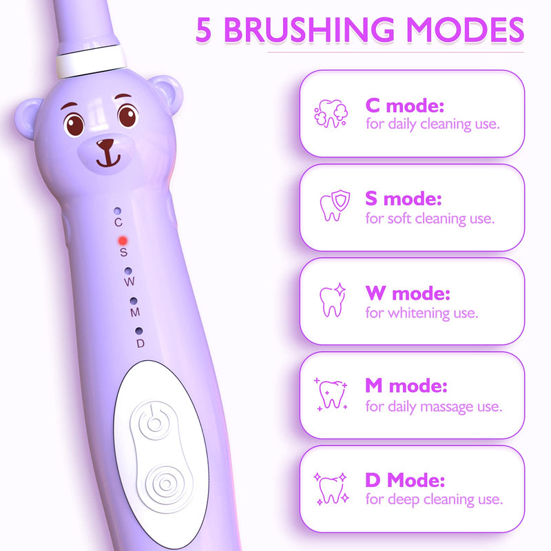 CHAIN PEAK Kids Sonic Electric Toothbrush, Cute Bear Rechargeable Toothbrush for Children, Boys Girls Age 3-12 with 30s Reminder, 2 Min Timer, 5 Modes, 8 Brush Heads, Bear Toothbrush Purple+8 Heads - NewNest Australia