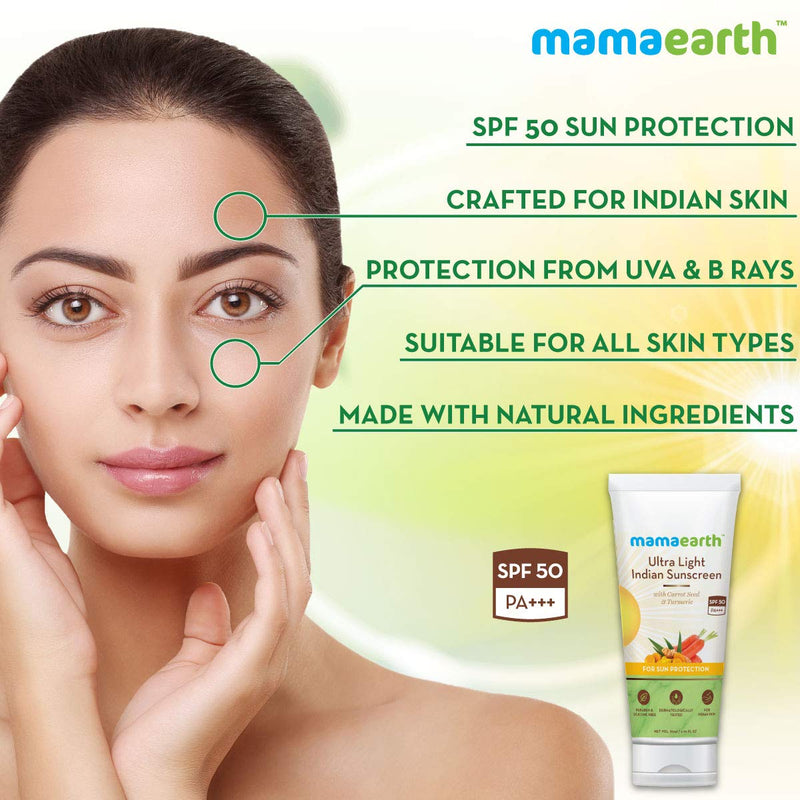 Mamaearth's Ultra Light Natural Sunscreen Lotion SPF 50 PA+++ For Indian Skin, With Turmeric & Carrot Seed, 80ml - NewNest Australia