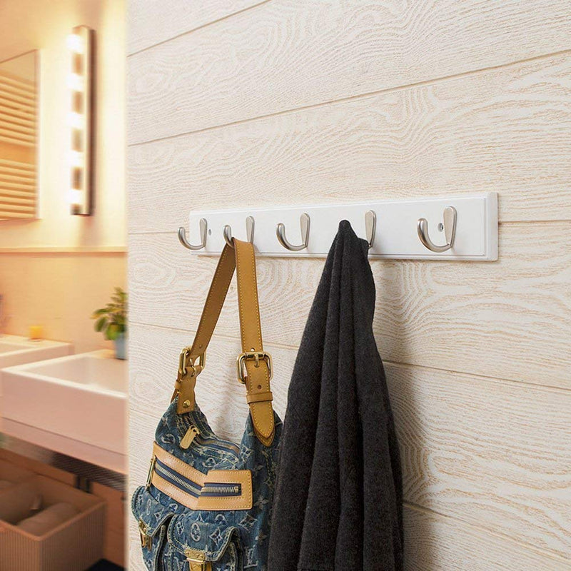 NewNest Australia - Wall-Mounted Heavy Duty Coat Hooks, 100% Natural Bamboo Coat Rack, Towel Bag Key Holder Hanger Hook Rack for Entryway Bedroom Bathroom (White, 5 Hooks) White 