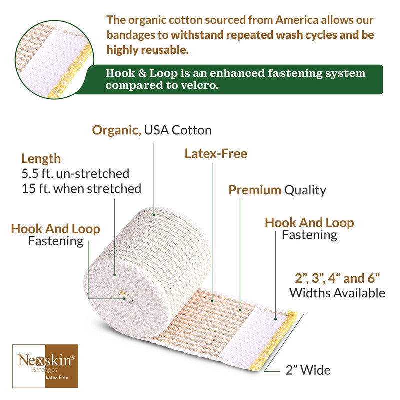 Nexskin (2” Wide, 1 Pack) | Latex Free Organic USA Cotton | Stretch Elastic Athletic/Medical Compression Bandage Hook & Loop Fasteners Both Ends | Lifetime Washable Reusable 2 Inch (Pack of 1) - NewNest Australia