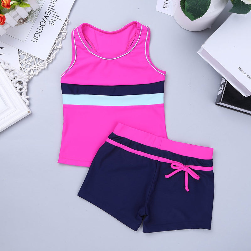 easyforever Girls Kids Tankini Sleeveless Swim Tops with Bottoms Set Gym Workout Swimsuit Swimwear Rose 12 - NewNest Australia