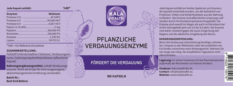 Kala Health Plant Digestive Enzymes - Plant-Based Highly Active Enzymes From Fermentation - Stable Enzymes, Gastric Acid For Optimal Absorption - Optimize The Breakdown Of Food - NewNest Australia