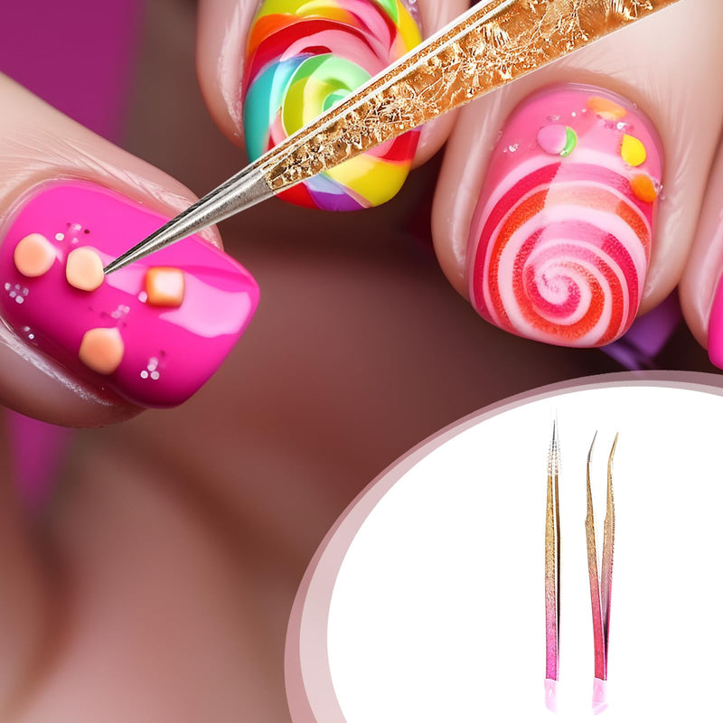 Ouligay 2 X Double Ended Nail Art Tweezers For Women Stainless Steel Tweezers Straight Curved Tip Tweezers With Silicone Pressing Head For Nail Craft Rhinestone Sticker Jewel Gemstone Picker Tool - NewNest Australia
