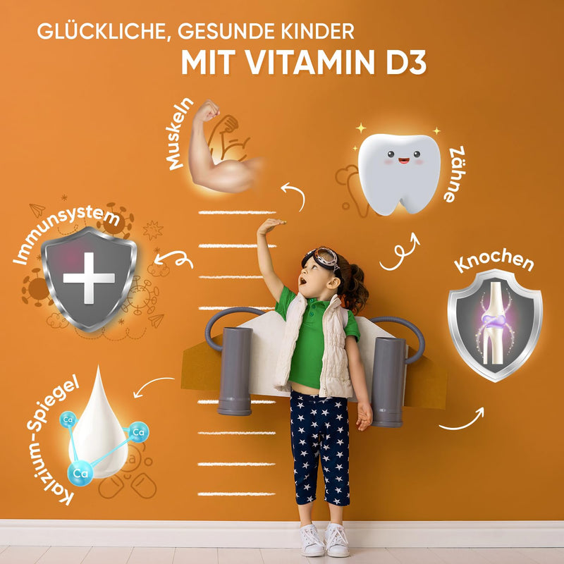 Vitamin D3 children's gummy bears 1000 IU - alternative to tablets & drops - 8 month supply - bones, teeth & immune system (EFSA) - 120 star-shaped pieces - 1 gummy every 2 days - orange flavor - NewNest Australia