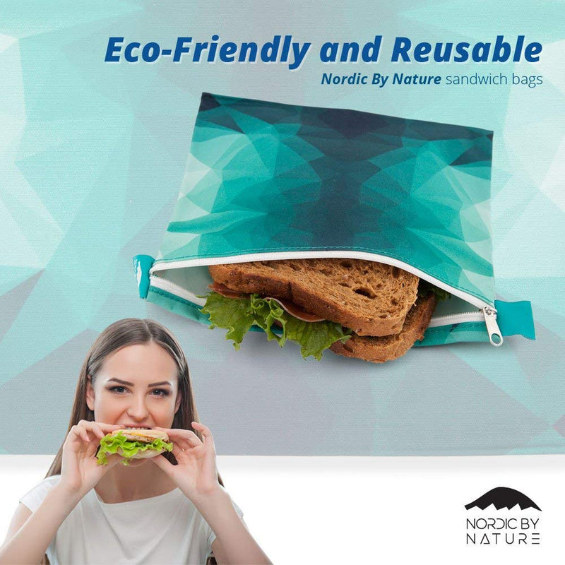 NewNest Australia - Nordic By Nature 4 Pack - Reusable Sandwich Bags Dishwasher Safe BPA Free - Durable Washable Quick Dry Cloth Baggies -Reusable Snack Bags For Kids School Lunches - Easy Open Zipper - (Turquoise) Turquoise Waters 