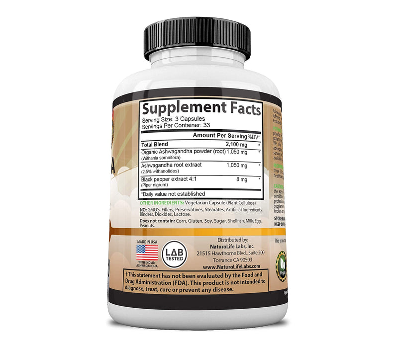 Organic Ashwagandha 2,100 mg - 100 Vegan Capsules Pure Organic Ashwagandha Powder and Root Extract - Stress Relief, Mood Enhancer, Immune & Thyroid Support - NewNest Australia