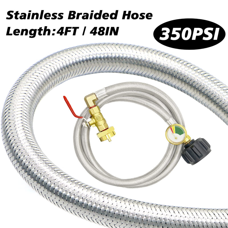 GardenNow Upgraded 48" Stainless Braided QCC1 Type Inlet Propane Refill Adapter Hose Extension Propane Refill Hose with Gauge ON/Off Control Valve for 1LB Propane Gas Tank 350PSI High Pressure Camping - NewNest Australia