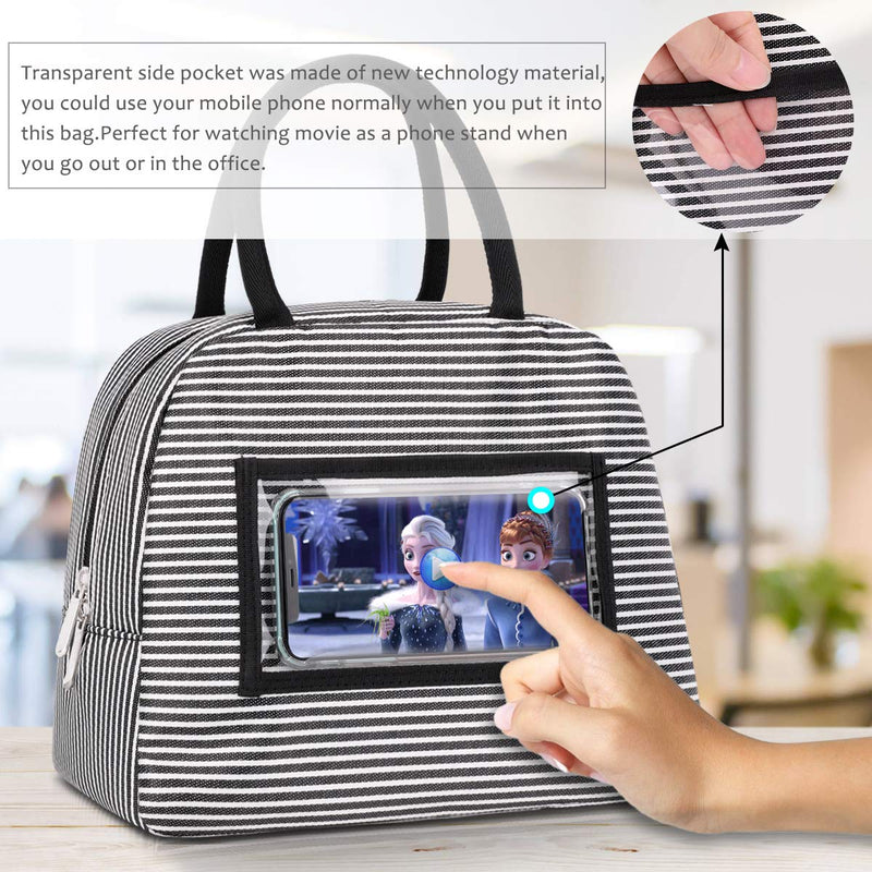 NewNest Australia - BALORAY Lunch Bag for Women Tote Cooler Bag with Phone Holder Pocket Leak-proof Liner Insulated Lightweight Lunch Box Lunch Bags for women/Picnic/Boating/Beach/Fishing/Work (Black white strip) Black white strip 