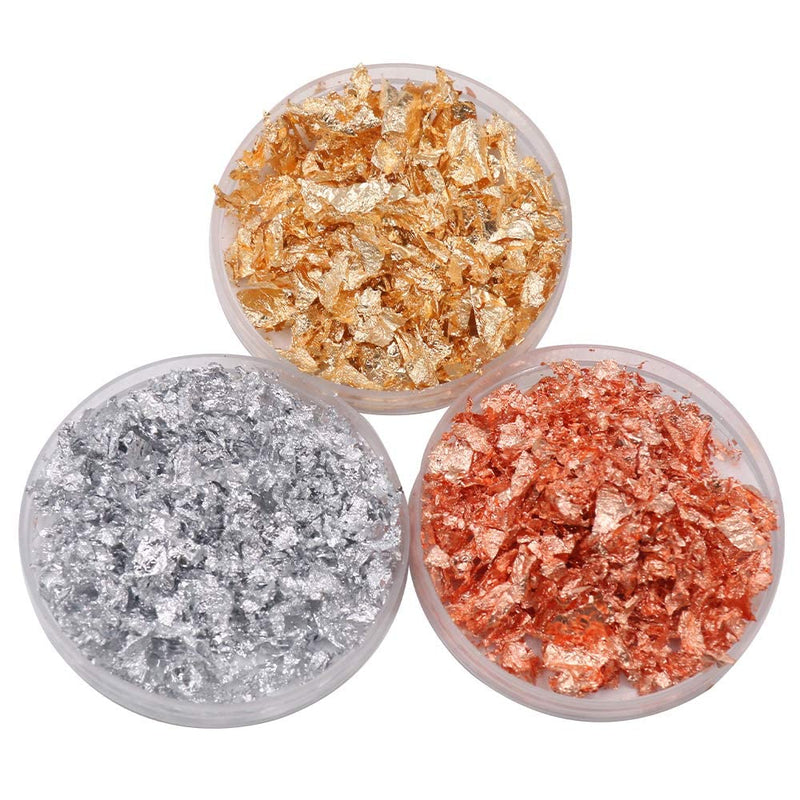KINNO Gold Leaf Flakes Set with Tweezers and Brush - Color 2.5 Imitation Gold, Silver, Color 0 Real Copper, 3 Bottles Metallic Foil Flakes for Painting Arts and Crafts,Nail Art 30g+Brush - NewNest Australia