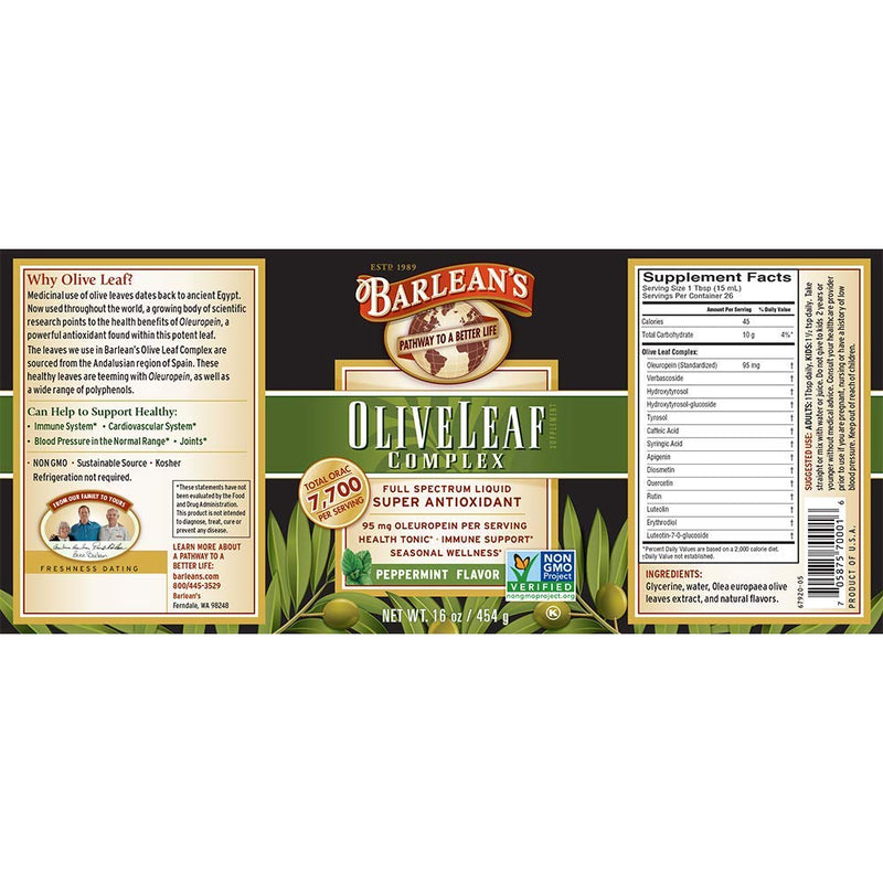Barlean's Peppermint Olive Leaf Complex with 7,700 ORAC and 95mg Oleuropein - Non-GMO, Sustainably Sourced, Kosher - 16-Ounces - NewNest Australia