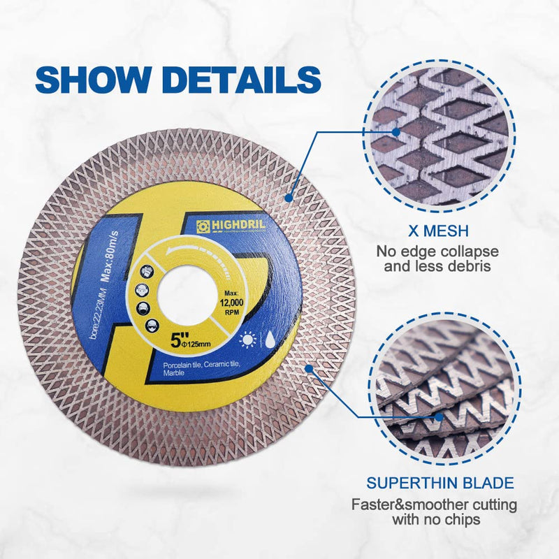 HIGHDRIL Tile Diamond Saw Blade Cutting Disc Wheel 5"/125mm for Dry/Wet Cutting & Grinding Porcelain Granite Marble Ceramic Artificial Stone 1 5 Inch - NewNest Australia