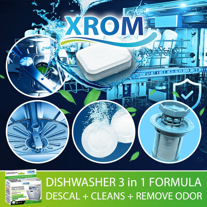 XROM High Efficiency Natural Dishwasher Cleaner 3 in 1 Formula, Removes Odors, Limescale & Detergent Build-Up, Contains 100% More Grease Removal Actives, Removes Hard Water Stains, Powerful Descaling, 6 Ct (Lemon Scent) Lemon - NewNest Australia