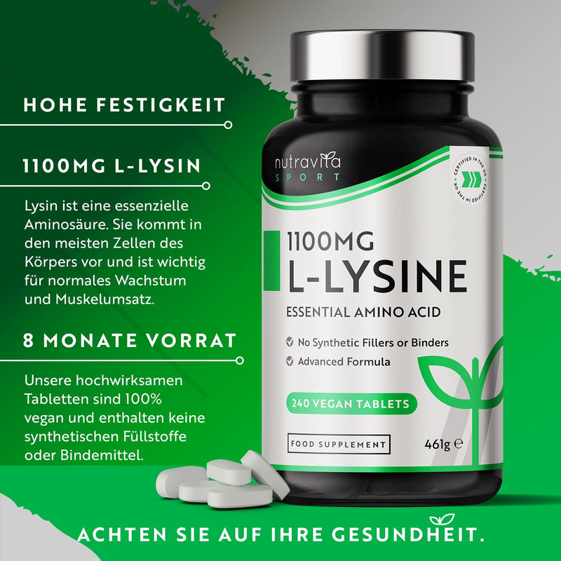 L-Lysine 1100mg High Dose - 240 Vegan Tablets (8 Month Supply) - L Lysine Essential Amino Acid Supplement - No Synthetic Binders - Made in the UK by Nutravita - NewNest Australia