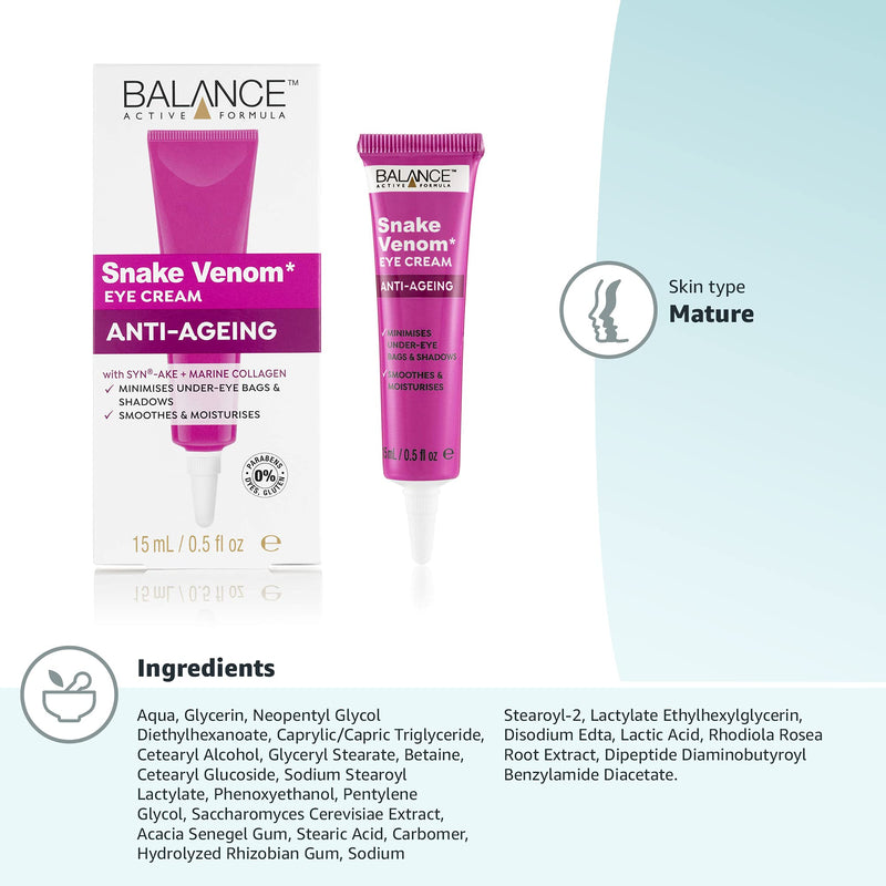 Balance Active Formula Snake Venom Eye Cream contains SYN®-AKE, which is similar to a peptide found in the Temple Viper’s venom. Helps to reduce the appearance of under-eye dark circles and bags. - NewNest Australia