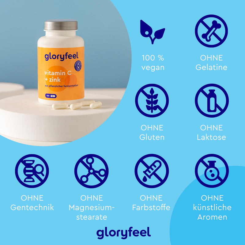 gloryfeel vitamin C and zinc tablets - 1,000 mg vitamin C from calcium L-ascorbate + 20 mg zinc citrate - 180 capsules - best combination for the immune system and protection against stress * - vegan immune complex - NewNest Australia