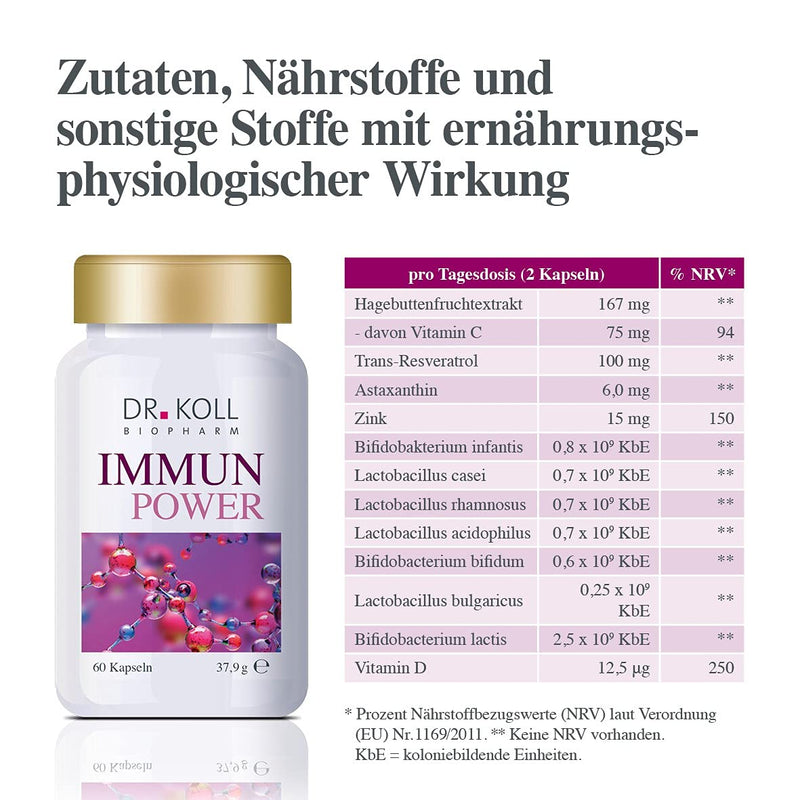 Immune Power Dr. Koll - Dietary Supplement With Bacterial Strains, Rose Hip Fruit Extract, Astaxanthin, Zinc And Vitamins | For A Strong Immune System | Without Gelatine | 60 Capsules - NewNest Australia