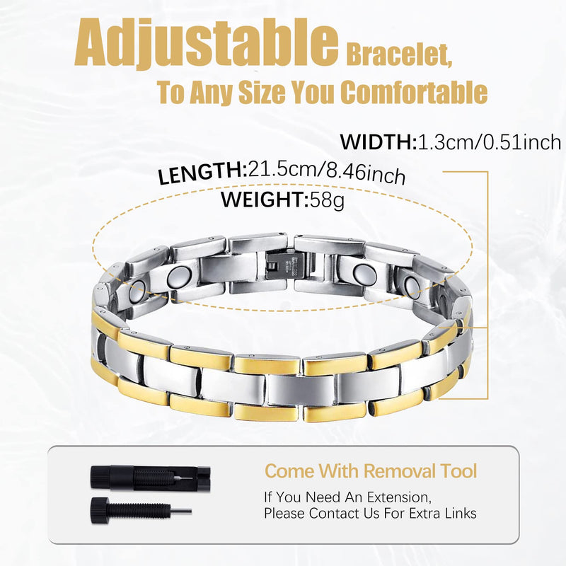Jeracol Lymph Detox Titanium Steel Magnetic Bracelet for Men with Strength Magnets(3500Gauss) Womens Magnetic Wristband Brazaletes,Adjustable Size with Remove Tool & Gift Box. A-Silver Gold - NewNest Australia