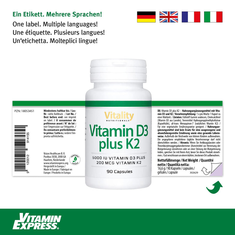 VitaminExpress Vitamin D3 K2 high dose, D 5000 IU + K2 200 mcg Premium All Trans MK7 I 90 mini capsules I high bioavailability, free of additives I immune system I Vitality Nutritionals - NewNest Australia