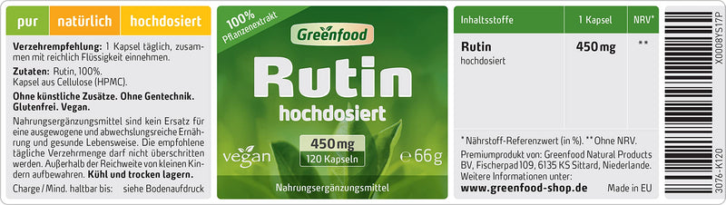 Greenfood Rutin, 450 mg, high dose, 120 capsules - 100% natural product. Without additives. Without genetic technology. Vegan. 120 pieces (pack of 1) - NewNest Australia