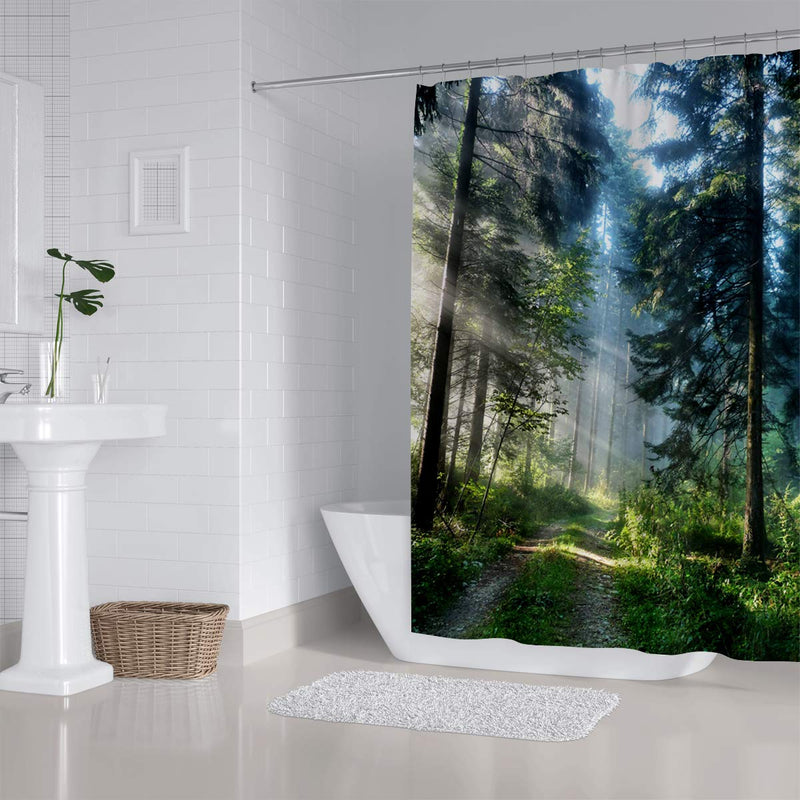 Trees Forest Sunlight Shower Curtain Straight Tall Trees Sunshine Attractive Nature Landscape Waterproof Fabric Bathroom Decor 72x72 Inch Green Plastic Hooks 12 PCS 72L*72W - NewNest Australia