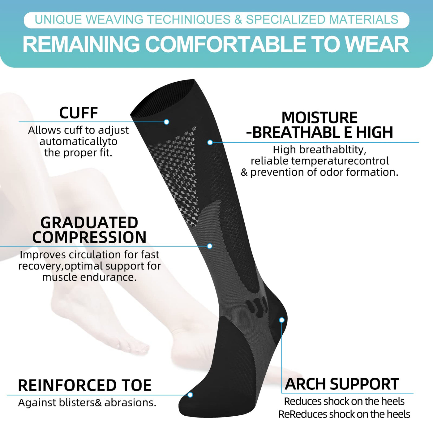 Odtmger Compression Stockings For Men And Women (2 Pairs) Compression  Stockings 20-30 Mmhg Support Socks Knee-High Padded Graduated Support Socks  For Running, Sports, Travel (Xxl, Black)