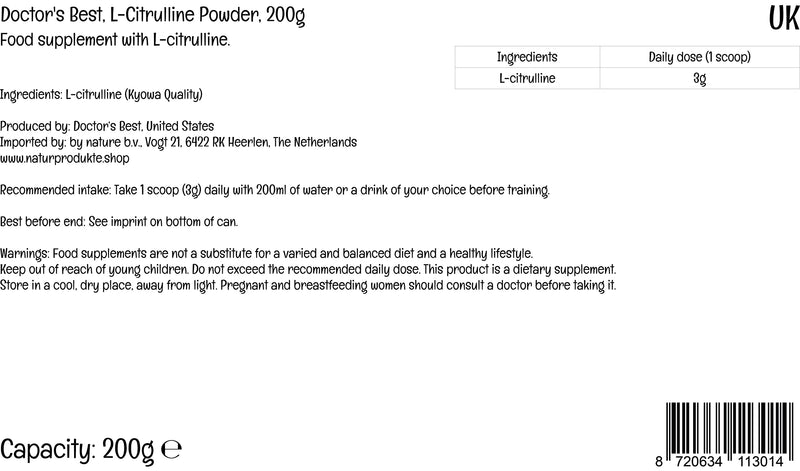 Doctor'S Best, L-Citrulline (L-Citrulline), High Dosage, 200 G Vegan Powder, Amino Acid, Laboratory Tested, Gluten Free, Soy Free, Vegetarian, No Gmo Engineering - NewNest Australia