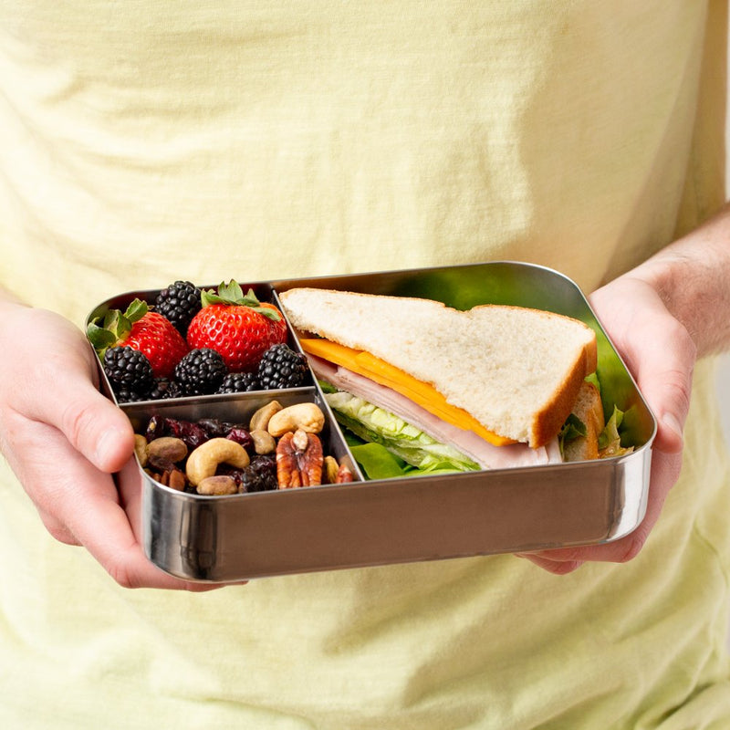 NewNest Australia - LunchBots Large Trio Stainless Steel Lunch Container -Three Section Design for Sandwich and Two Sides - Metal Bento Lunch Box for Kids or Adults - Eco-Friendly - Stainless Lid - All Stainless 