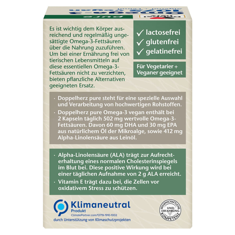 Doppelherz pure Omega-3 1075 vegan - algae oil + linseed oil - alpha-linolenic acid contributes to maintaining normal cholesterol levels - 80 capsules Single 80 pieces (pack of 1) - NewNest Australia
