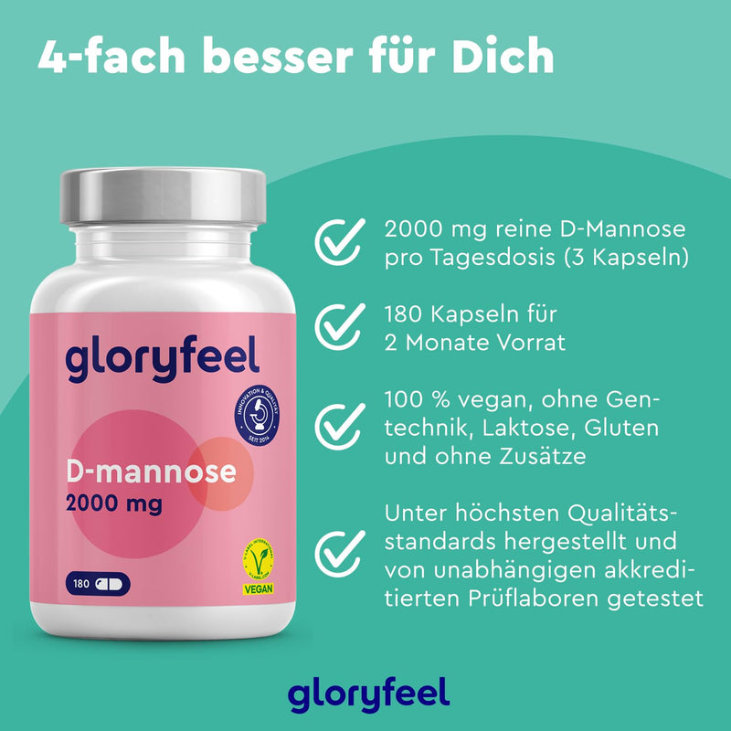 gloryfeel D-Mannose high dose - 2000 mg pure D Mannose per daily serving - 180 capsules from plant origin - 100% vegan, laboratory tested and made in Germany without additives - NewNest Australia